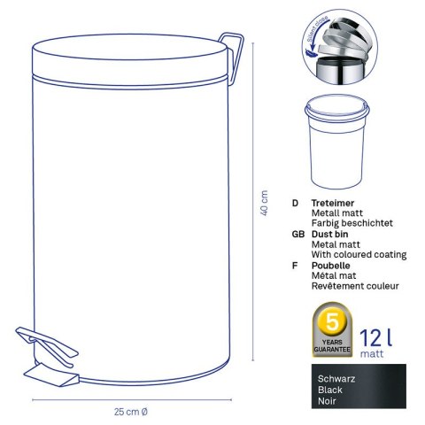 Kosz otwierany pedałem, 12,0 l, czarny