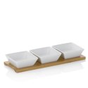Zestaw 3 kwadratowych porcelanowych miseczek na bambusowej podkładce