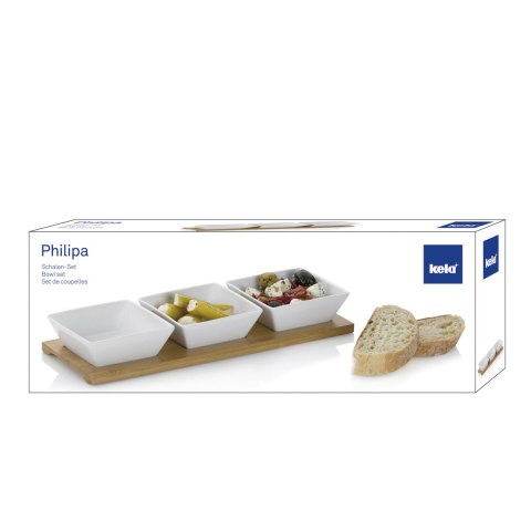 Zestaw 3 kwadratowych porcelanowych miseczek na bambusowej podkładce