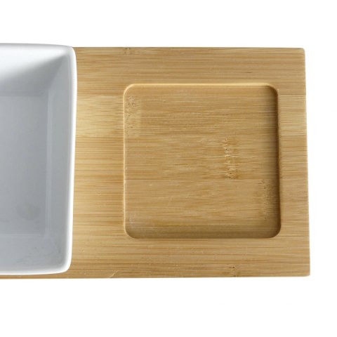 Zestaw 3 kwadratowych porcelanowych miseczek na bambusowej podkładce