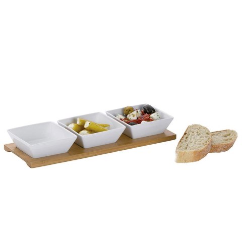 Zestaw 3 kwadratowych porcelanowych miseczek na bambusowej podkładce
