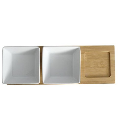 Zestaw 3 kwadratowych porcelanowych miseczek na bambusowej podkładce