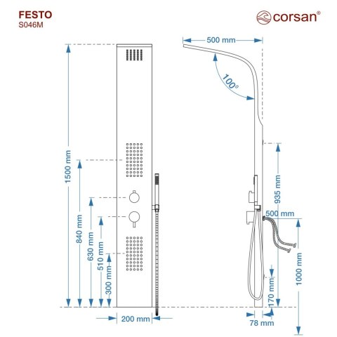 Panel prysznicowy Corsan FESTO Mieszacz Czarna stal