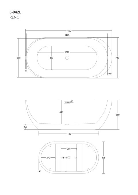 Wanna wolnostojąca Corsan RENO 160 x 74 cm z boczną półką Korek klik-klak Czarny