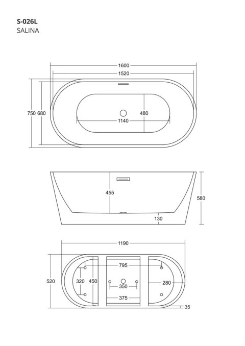 Wanna wolnostojąca Corsan SALINA 160 x 75 cm Korek klik-klak Złoty