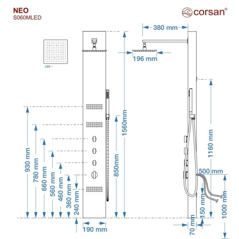 Panel prysznicowy Corsan NEO Mieszacz Czarna stal Deszczownica LED