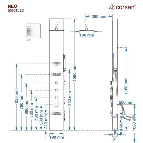 Panel prysznicowy Corsan NEO Termostat Czarna stal Deszczownica LED