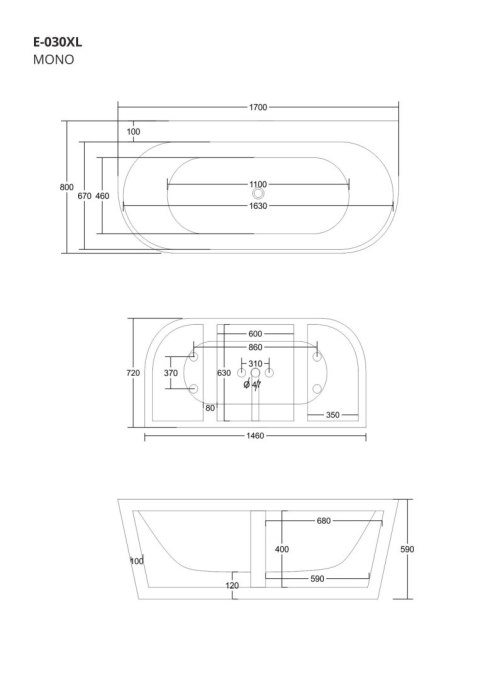 Wanna przyścienna wolnostojąca Corsan E030 Mono 170 cm z szeroką krawędzią i wykończeniem złotym