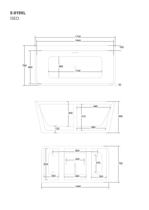 Wanna przyścienna wolnostojąca Corsan ISEO 170 x 79 cm z szeroką krawędzią Korek klik-klak Biały