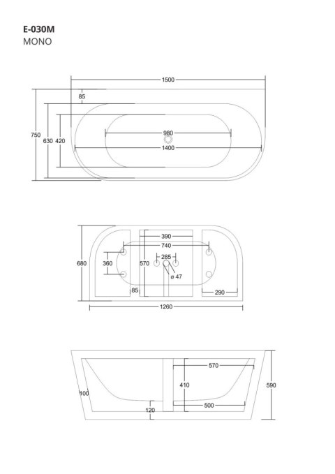 Wanna przyścienna wolnostojąca Corsan MONO 150 x 75 cm z szeroką krawędzią Korek klik-klak Chrom