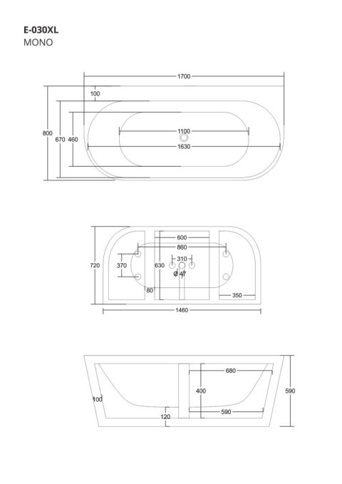 Wanna przyścienna wolnostojąca Corsan MONO 170 x 80 cm z szeroką krawędzią Korek klik-klak Miedziany / Różowe Złoto