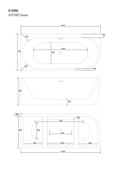 Wanna wolnostojąca narożna Corsan INTERO 160 x 74 z szeroką krawędzią Montaż lewostronny Korek klik-klak Chrom