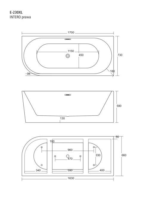 Wanna wolnostojąca narożna Corsan INTERO 170 x 73 Montaż prawostronny Korek klik-klak Złoty