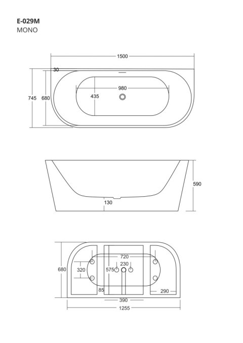 Wanna przyścienna wolnostojąca Corsan MONO 150 x 74 cm Korek klik-klak Biały