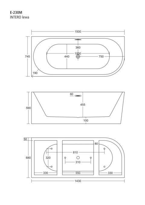 Wanna wolnostojąca narożna Corsan INTERO SLIM 150 x 75 Montaż lewostronny Korek klik-klak Miedziany / Różowe Złoto