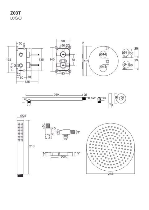 Zestaw prysznicowy Corsan Lugo czarny z deszczownicą 25 cm, baterią termostatyczną i prysznicem