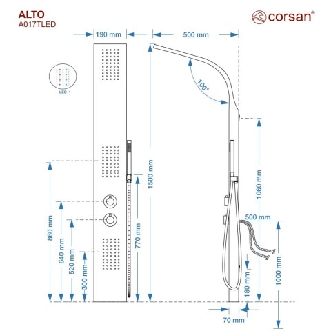 Panel prysznicowy Corsan Alto A017 Termostat Biały Deszczownica LED