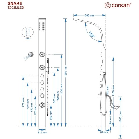 Panel prysznicowy Corsan SNAKE Mieszacz Stal Deszczownica LED