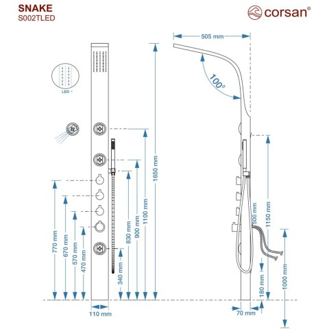 Panel prysznicowy Corsan SNAKE Termostat Czarna stal Deszczownica LED