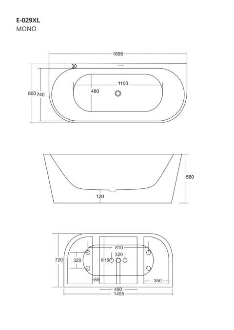 Wanna przyścienna wolnostojąca Corsan MONO 170 x 80 cm z szeroką krawędzią Korek Klik-Klak Grafit / GunMetal