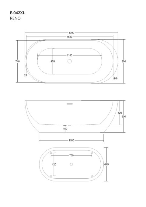 Wanna wolnostojąca Corsan RENO 170 x 80 cm z boczną półką Korek klik-klak Grafit / GunMetal
