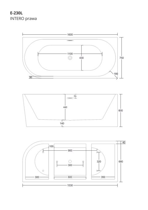 Wanna wolnostojąca narożna Corsan INTERO 160 x 74 Montaż prawostronny Korek klik-klak Grafit / GunMetal