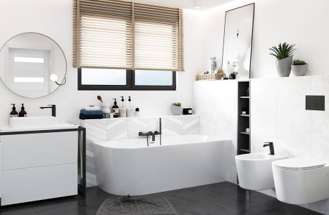 Wanna wolnostojąca narożna Corsan INTERO 160 x 74 Montaż prawostronny Korek klik-klak Grafit / GunMetal