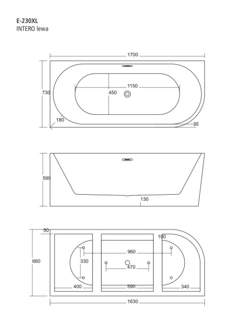 Wanna wolnostojąca narożna Corsan INTERO 170 x 73 Montaż lewostronny Korek klik-klak Grafit / GunMetal