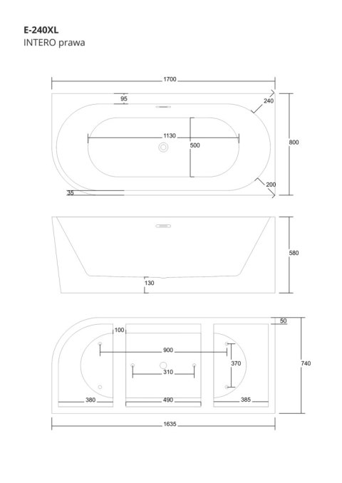 Wanna wolnostojąca narożna Corsan INTERO 170 x 80 z szeroką krawędzią Montaż prawostronny Korek klik-klak Grafit / GunMetal