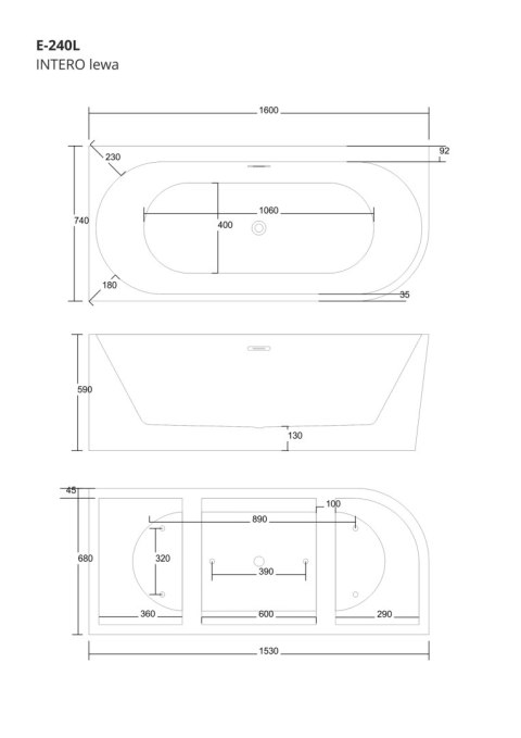 Wanna wolnostojąca narożna Corsan INTERO SLIM 160 x 74 z szeroką krawędzią Montaż lewostronny Korek klik-klak Grafit / Gun Metal