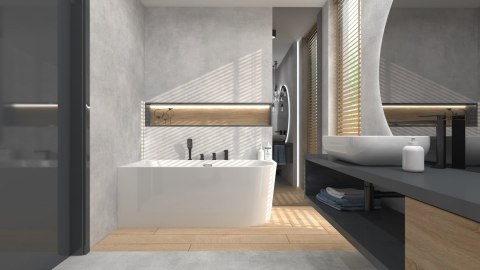 Wanna wolnostojąca narożna Corsan INTERO SLIM 160 x 74 z szeroką krawędzią Montaż lewostronny Korek klik-klak Grafit / Gun Metal