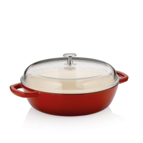 Żeliwna patelnia do serwowania ze szklaną pokrywą, czerwona, śred. 28 cm, 3,8 l
